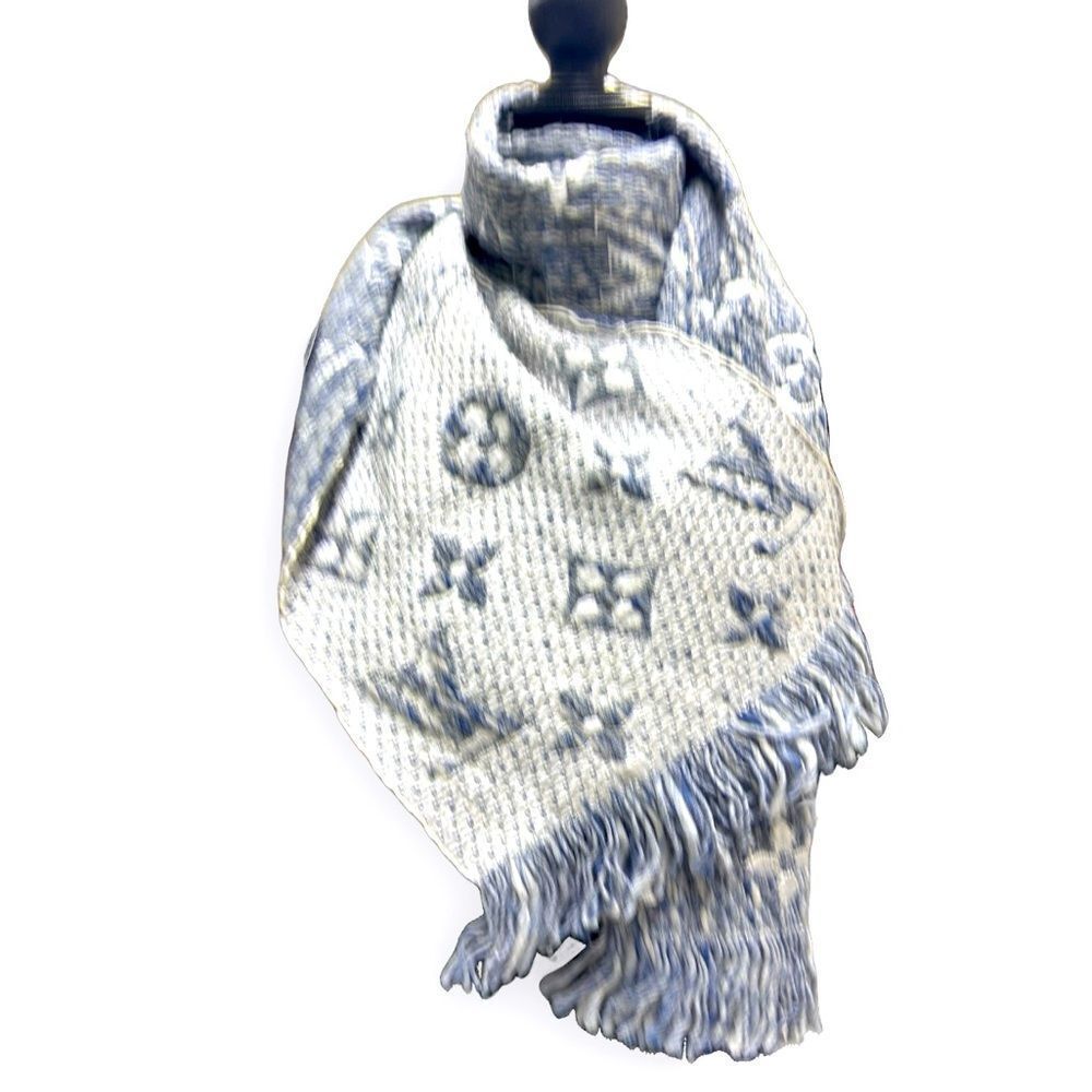 Auth Louis Vuitton Monogram Denim Blue Escharpe Logomania Scarf Muffler Stole - Picture 7 of 9